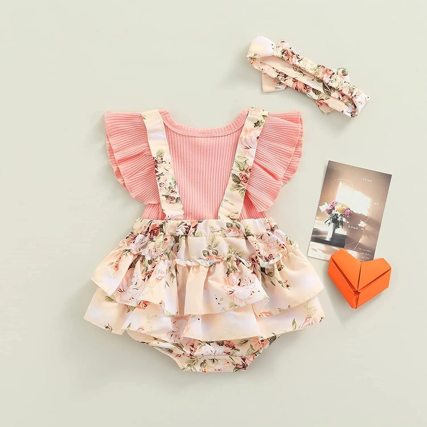 Baby Girl Floral Romper Newborn Dress Ruffle playsuit Suspender Shorts Jumpsuit Cute Summer Clothes and Headband