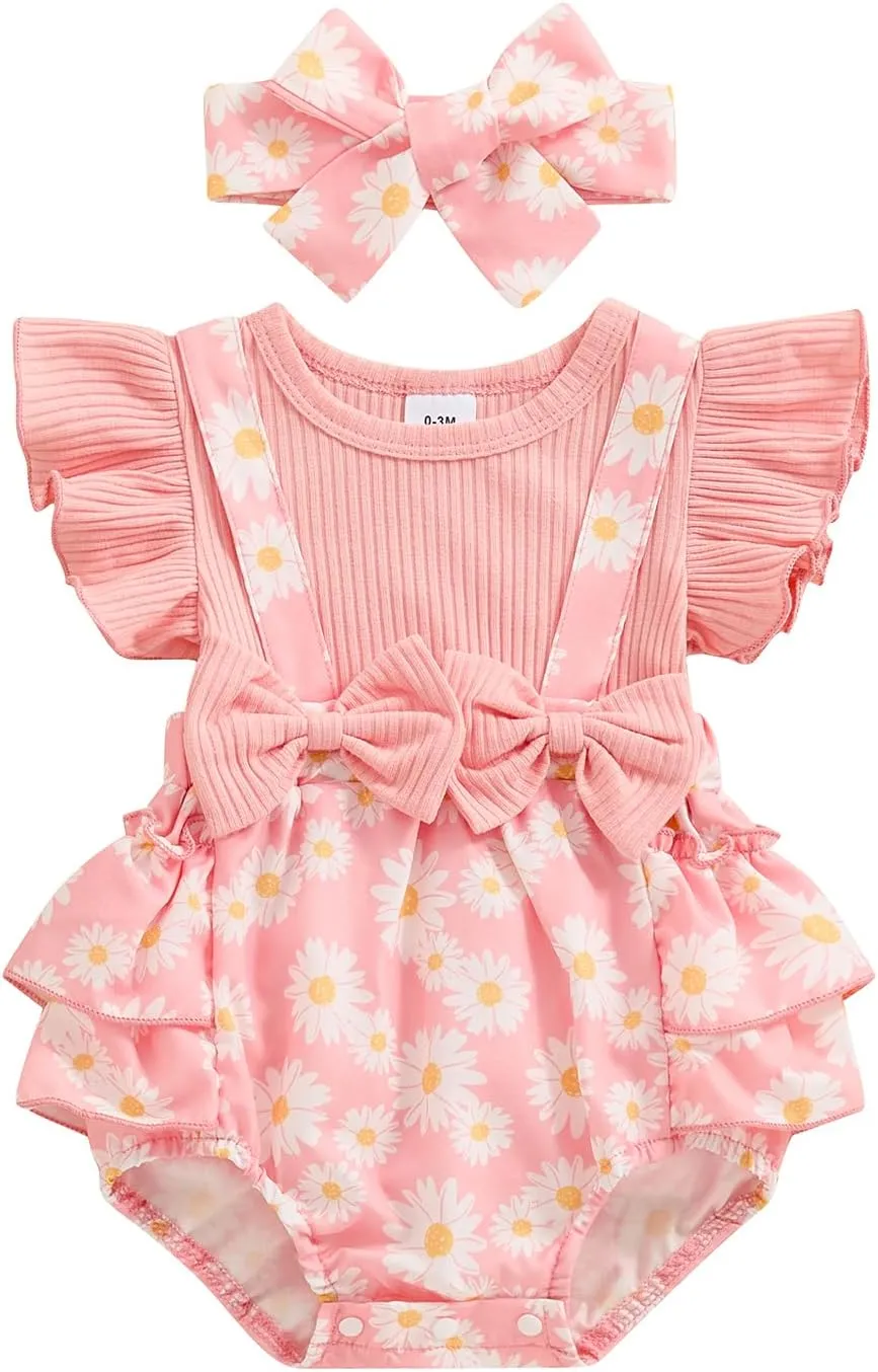Baby Girl Outfit Floral Daisy Romper Newborn Dress Ruffle Infant Jumpsuit Dresses Cute Summer Clothes and Headband