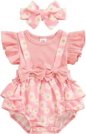 Baby Girl Outfit Floral Daisy Romper Newborn Dress Ruffle Infant Jumpsuit Dresses Cute Summer Clothes and Headband
