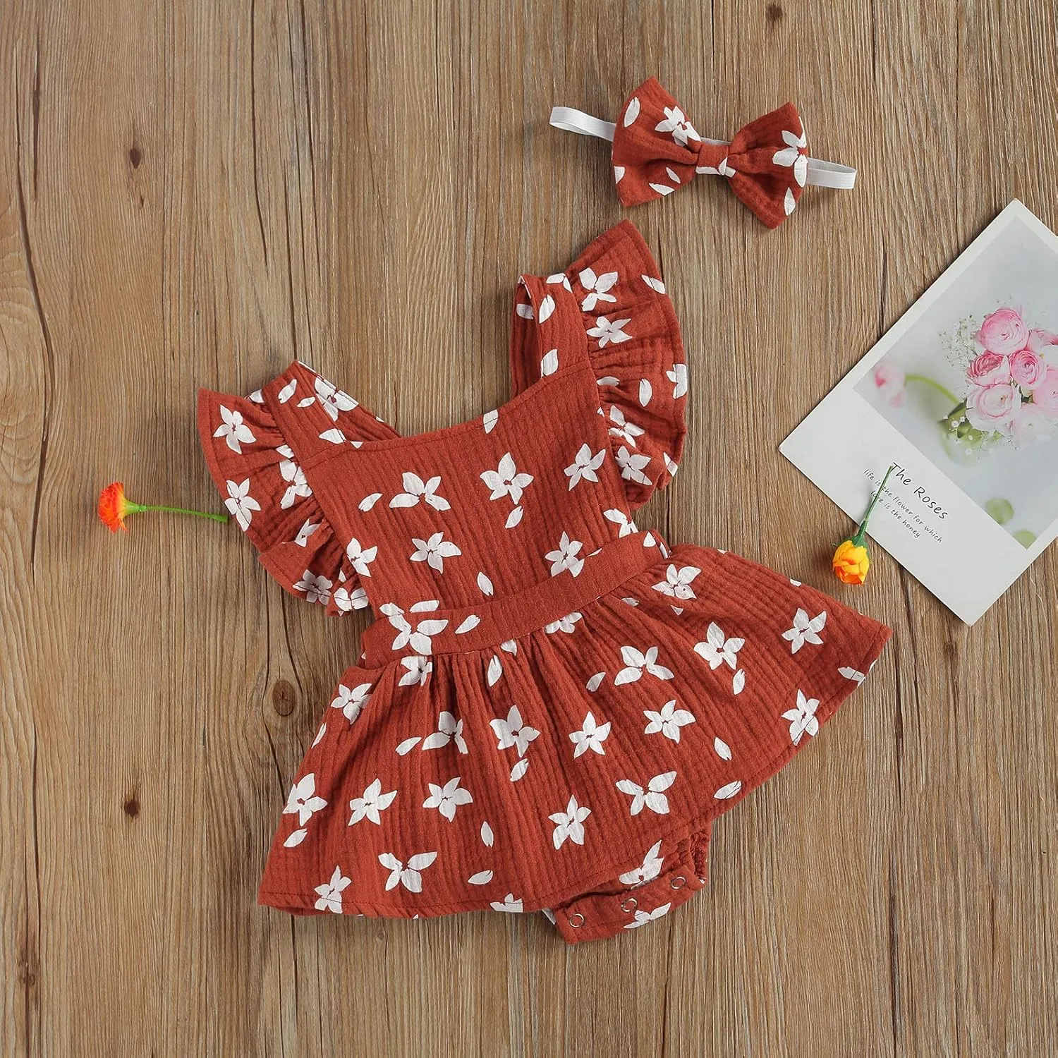 Baby Girls Floral Cotton Leotard Romper Newborn Daisy Playsuits Ruffled Sleeve Onesie Infant Jumpsuit Clothes Headband