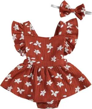 Baby Girls Floral Cotton Leotard Romper Newborn Daisy Playsuits Ruffled Sleeve Onesie Infant Jumpsuit Clothes Headband