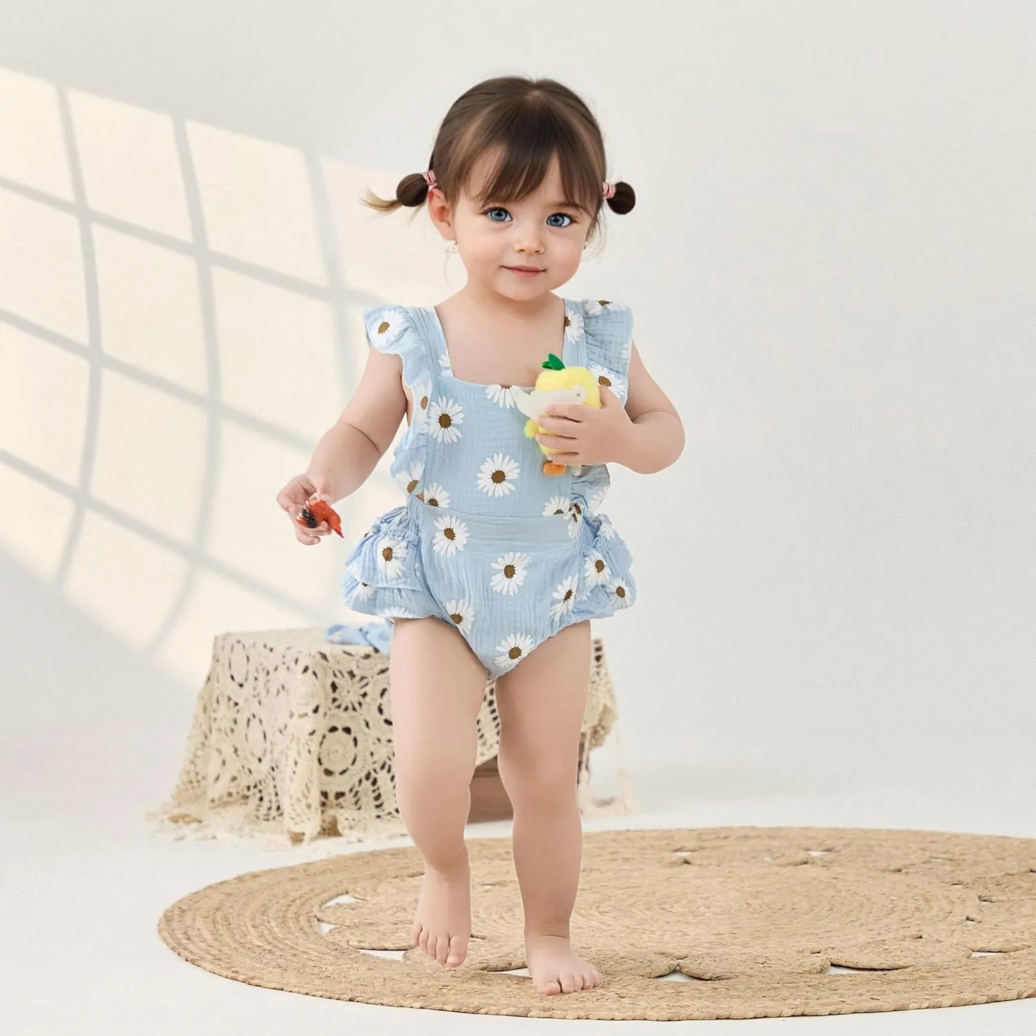 Baby Girls Floral Cotton Leotard Romper Newborn Daisy Playsuits Ruffled Sleeve Onesie Infant Jumpsuit Clothes Headband