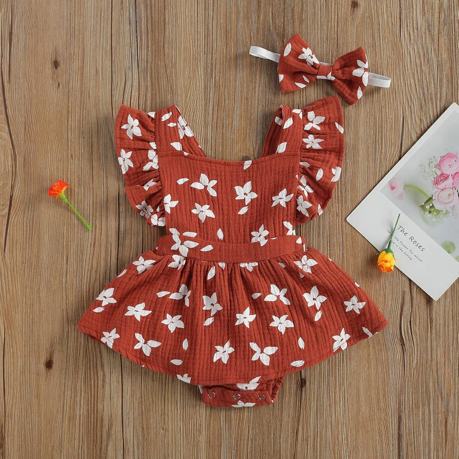 Baby Girls Floral Cotton Leotard Romper Newborn Daisy Playsuits Ruffled Sleeve Onesie Infant Jumpsuit Clothes Headband