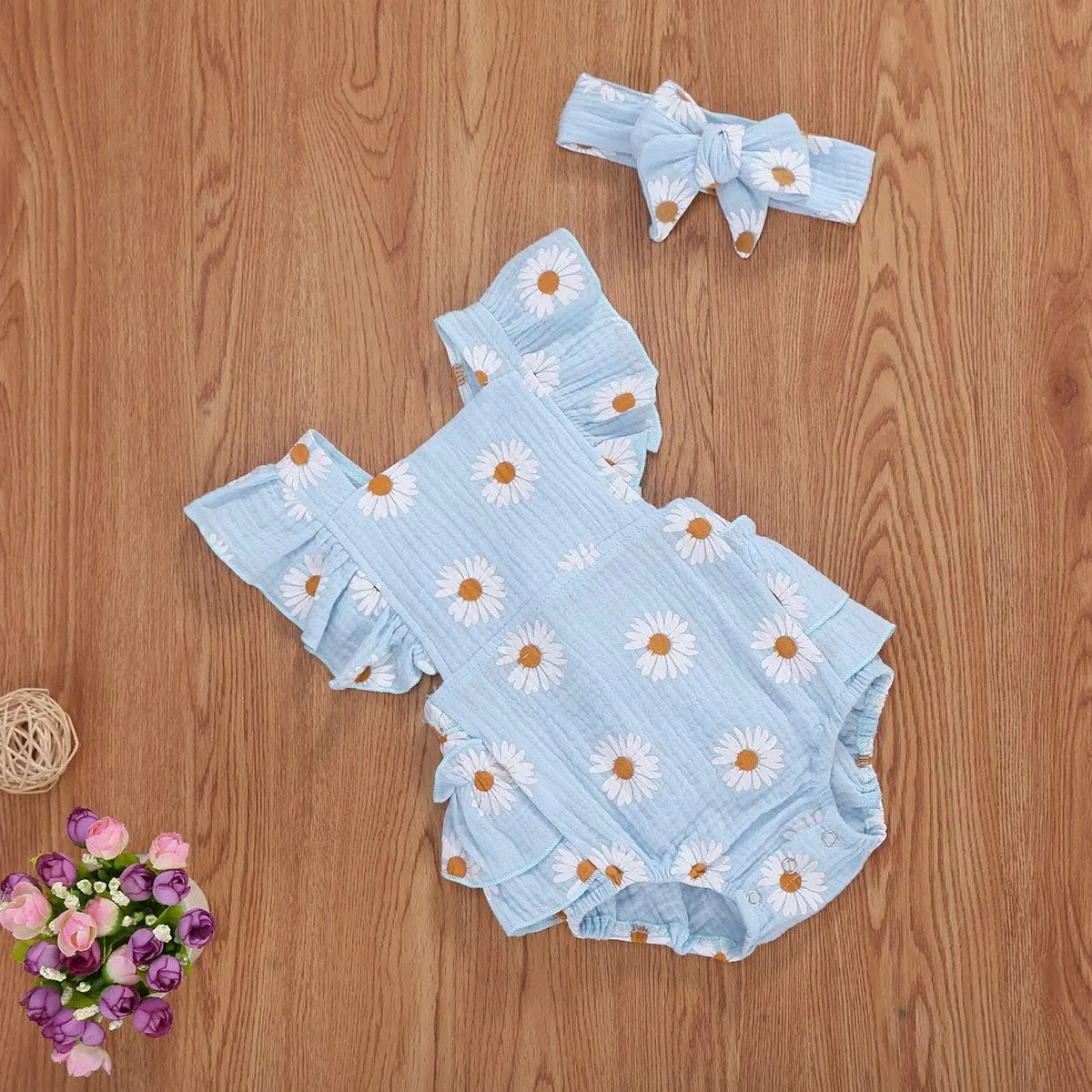 Baby Girls Floral Cotton Leotard Romper Newborn Daisy Playsuits Ruffled Sleeve Onesie Infant Jumpsuit Clothes Headband