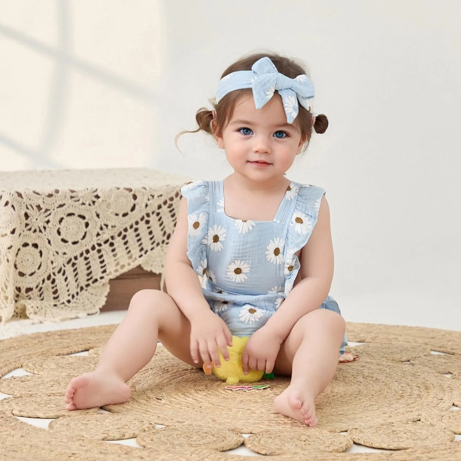 Baby Girls Floral Cotton Leotard Romper Newborn Daisy Playsuits Ruffled Sleeve Onesie Infant Jumpsuit Clothes Headband
