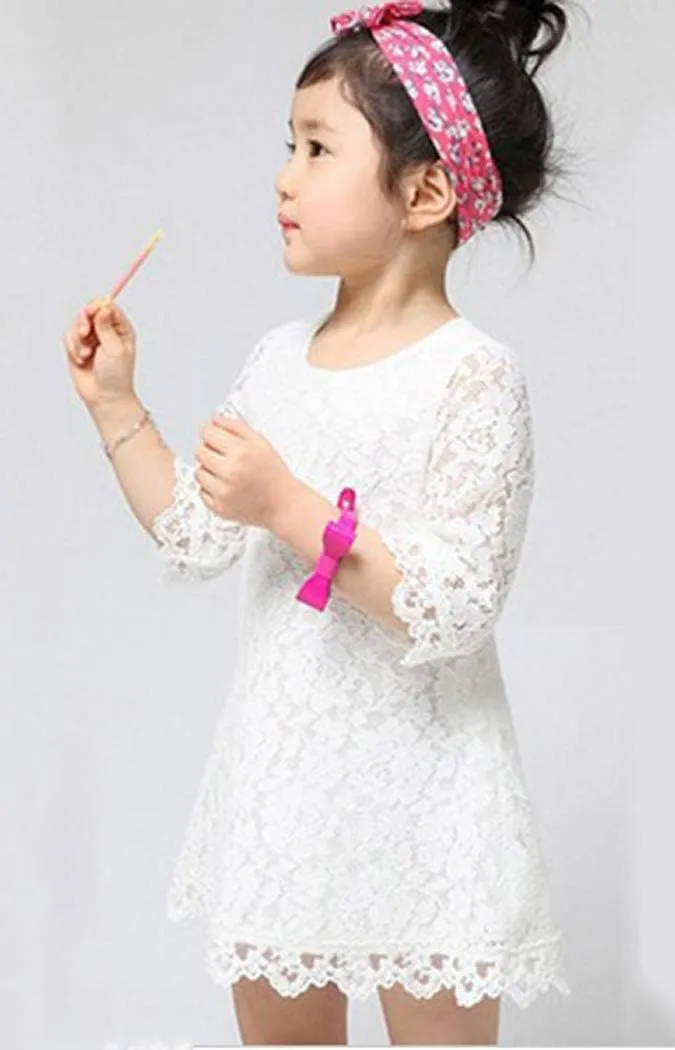 Baby Girls Short Sleeve Flower Lace Dress A-Line Tulle Dress Classical Wedding Party Dress