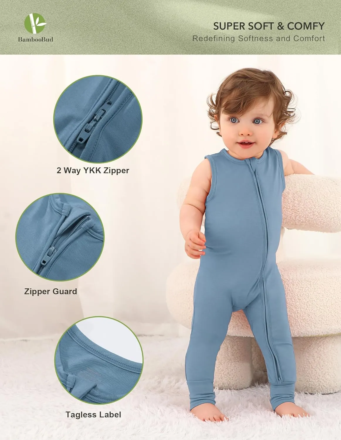 Baby Rompers Sleeveless 2 Way Zipper Sleepers Infant Pjs Newborn Boys Girls Bamboo Viscose 1 or 2-Pack Romper