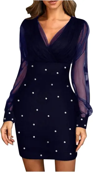 BAXLIMEK Cocktail Dresses for Women 2025 Trendy Mesh Long Sleeve Wedding Guest Dress Elegant Bodycon V Neck Club Party Dress