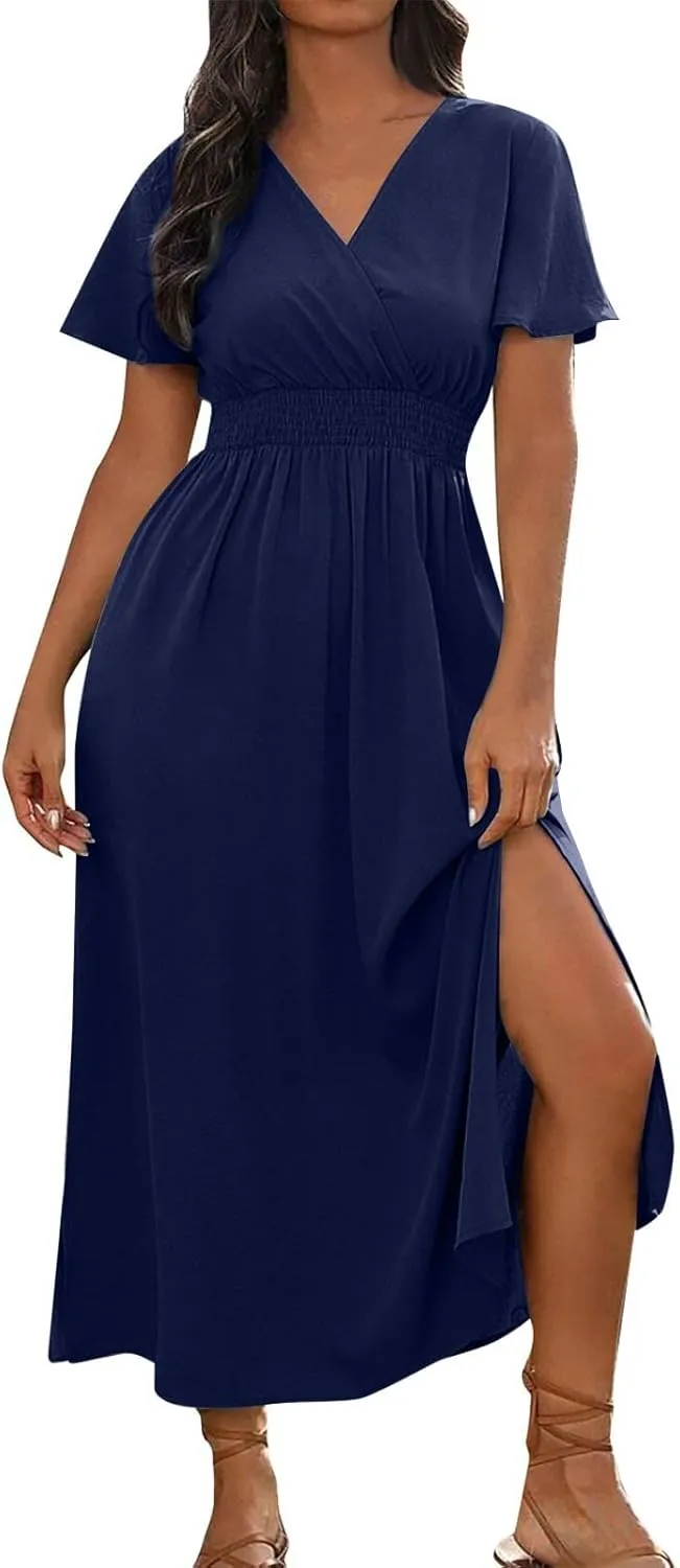 BAXLIMEK Maxi Dresses for Women,2025 Spring Summer Elegant V Neck Short Sleeve Beach Dress,Flowy Ruched Vacation Boho Dress