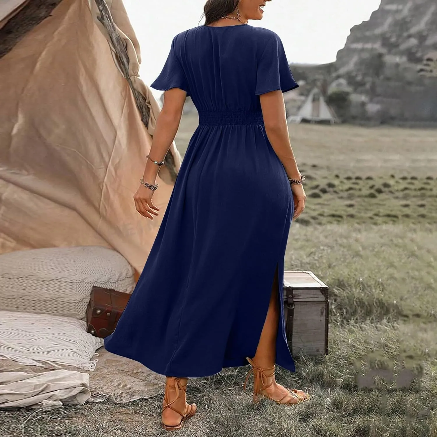 BAXLIMEK Maxi Dresses for Women,2025 Spring Summer Elegant V Neck Short Sleeve Beach Dress,Flowy Ruched Vacation Boho Dress