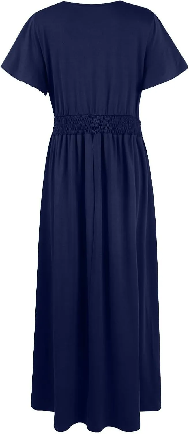 BAXLIMEK Maxi Dresses for Women,2025 Spring Summer Elegant V Neck Short Sleeve Beach Dress,Flowy Ruched Vacation Boho Dress
