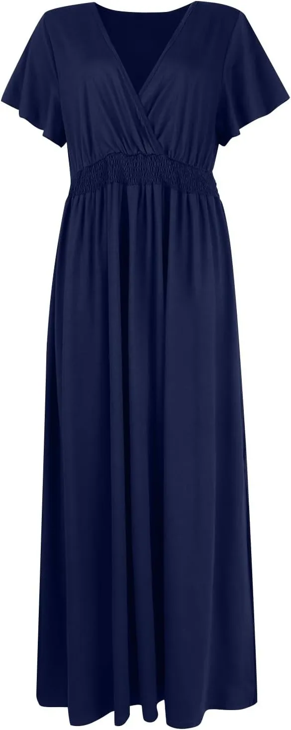 BAXLIMEK Maxi Dresses for Women,2025 Spring Summer Elegant V Neck Short Sleeve Beach Dress,Flowy Ruched Vacation Boho Dress