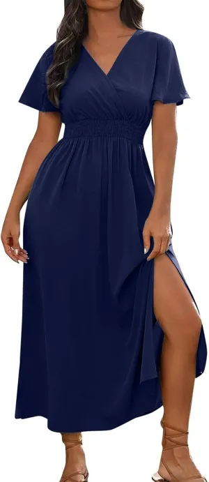 BAXLIMEK Maxi Dresses for Women,2025 Spring Summer Elegant V Neck Short Sleeve Beach Dress,Flowy Ruched Vacation Boho Dress