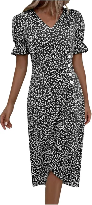 Beach Dresses for Women,2024 Summer Trendy Elegant Wrap V Neck Floral Boho Dress,Flowy Ruched Hawaiian Maxi Dress