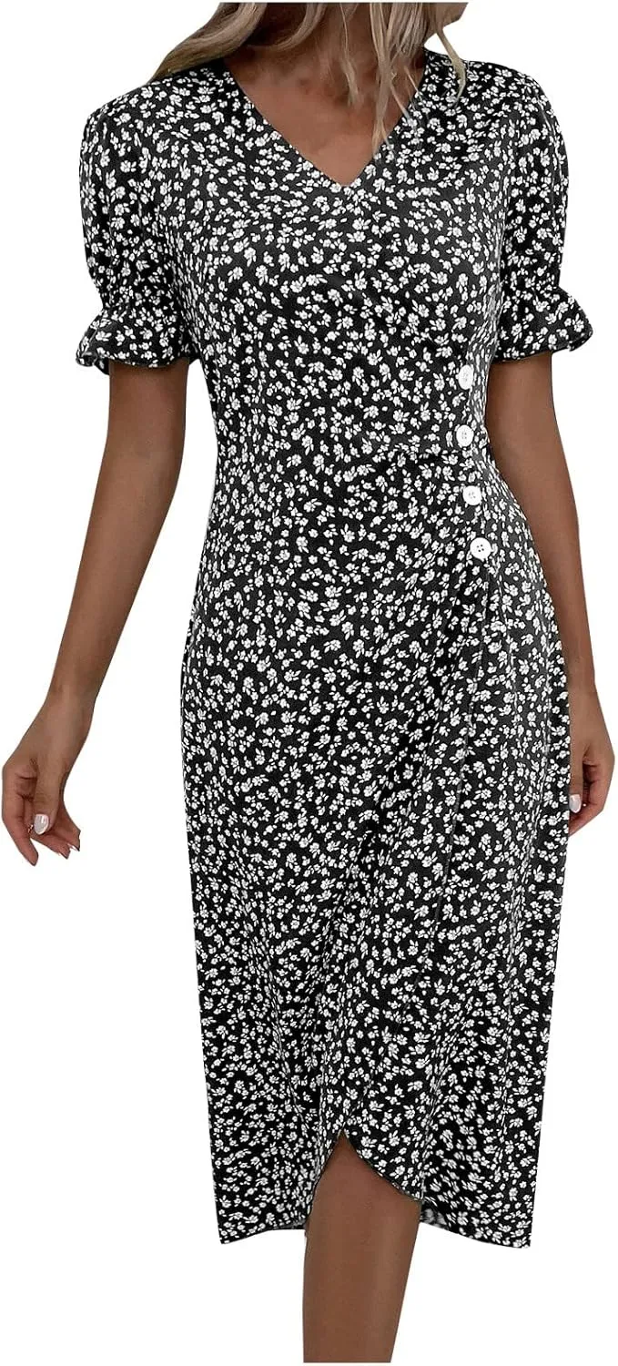 Beach Dresses for Women,2024 Summer Trendy Elegant Wrap V Neck Floral Boho Dress,Flowy Ruched Hawaiian Maxi Dress