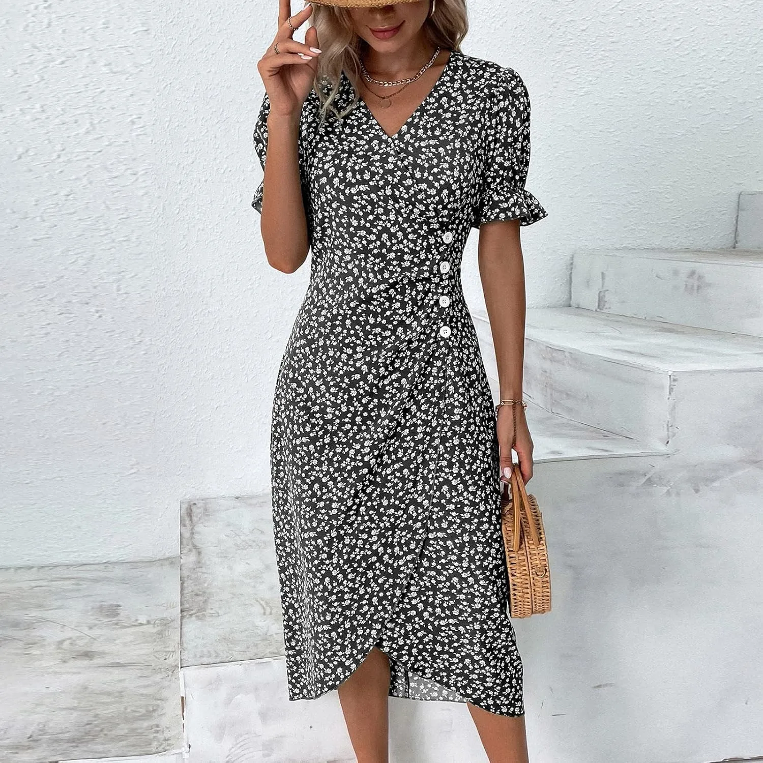 Beach Dresses for Women,2024 Summer Trendy Elegant Wrap V Neck Floral Boho Dress,Flowy Ruched Hawaiian Maxi Dress