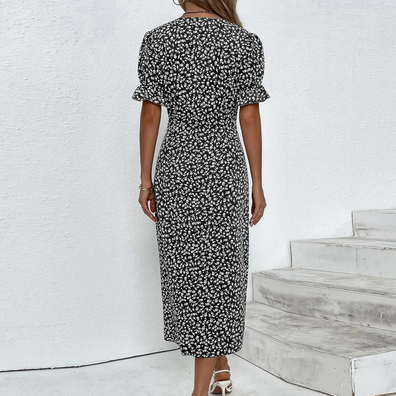 Beach Dresses for Women,2024 Summer Trendy Elegant Wrap V Neck Floral Boho Dress,Flowy Ruched Hawaiian Maxi Dress