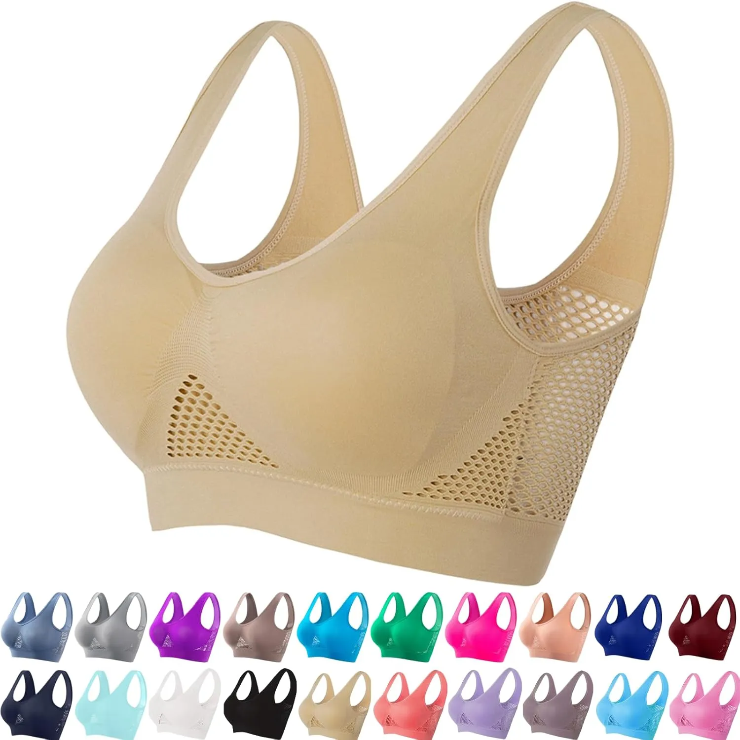 Breathable Anti-Sagging Sports Bras for Women Plus Size Wireless Bra with Cooling Lift-Up Air Tech Mesh High Support