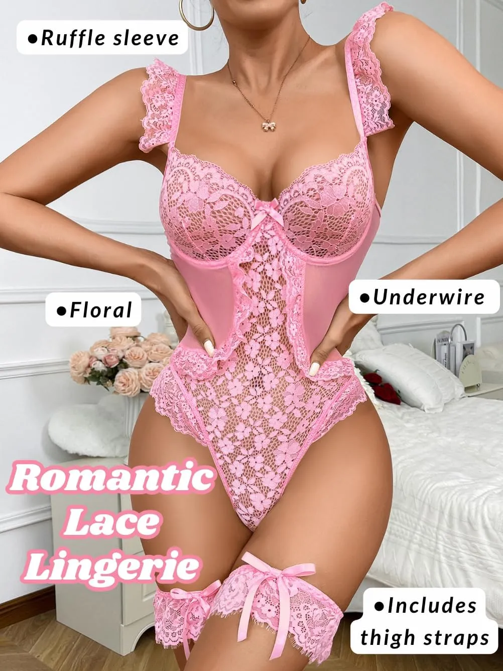 Bridal Lingerie Sets, Lace Bodysuit For Women, Bride Wedding Night, Sexy Garter Exotic Sheer Teddy Floral Bow