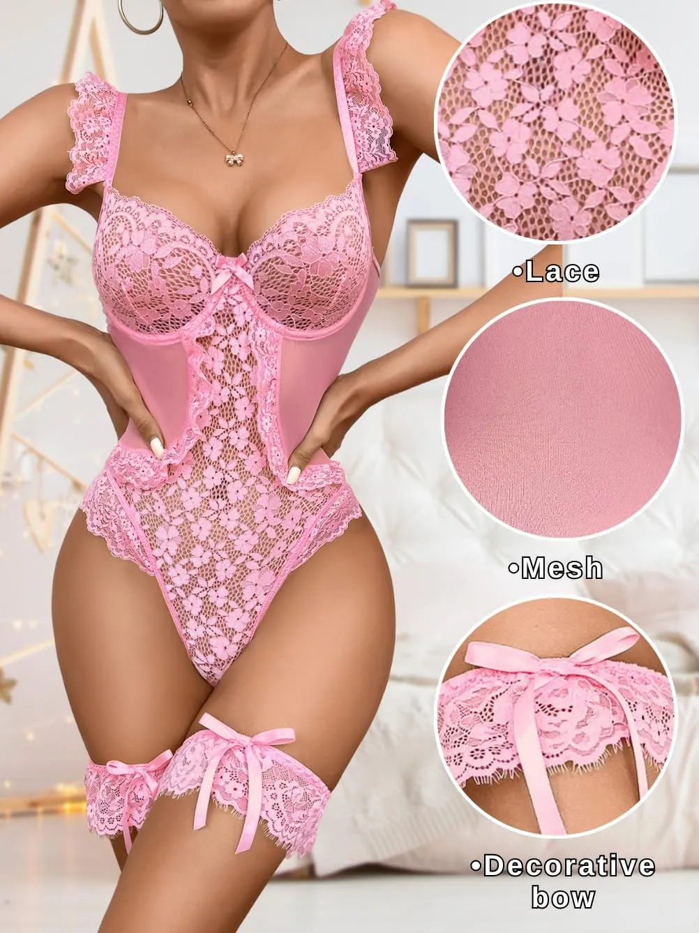 Bridal Lingerie Sets, Lace Bodysuit For Women, Bride Wedding Night, Sexy Garter Exotic Sheer Teddy Floral Bow