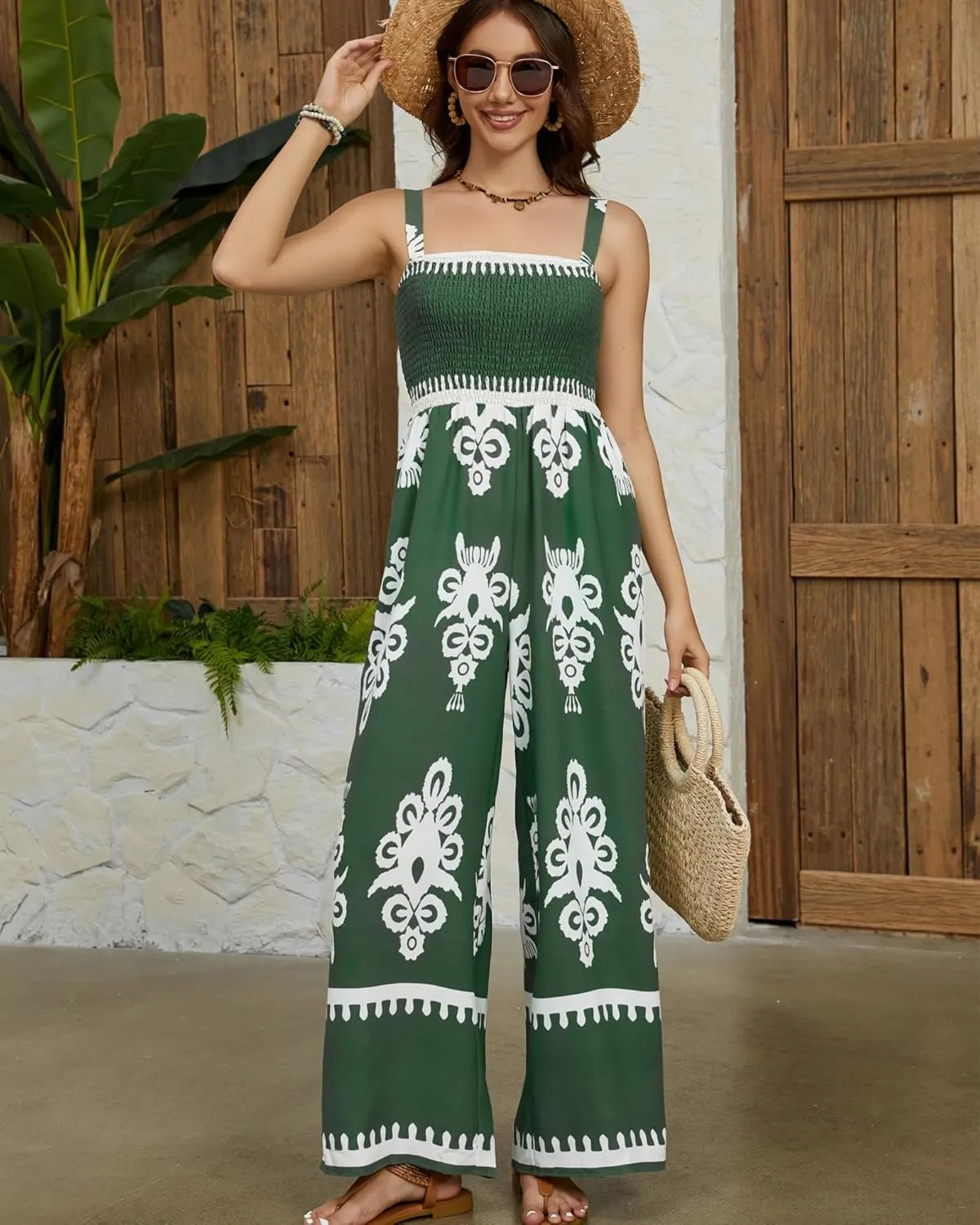 Bsubseach Women Boho Jumpsuits Sleeveless Floral Print High Waist Wide Leg Overalls with Pocket 2025 Summer Vacation Outfits