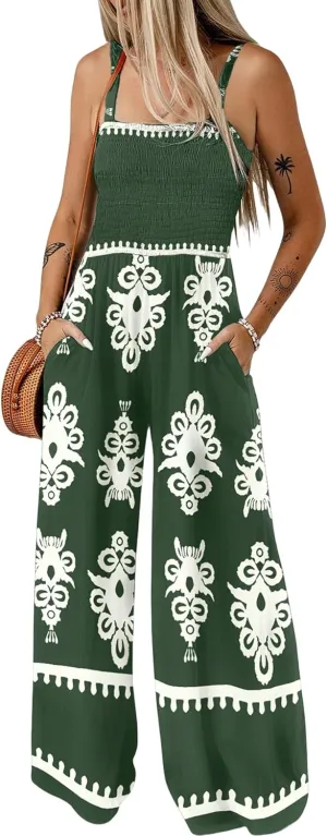 Bsubseach Women Boho Jumpsuits Sleeveless Floral Print High Waist Wide Leg Overalls with Pocket 2025 Summer Vacation Outfits