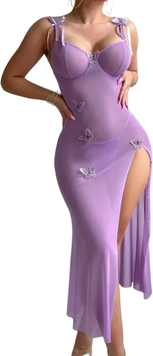 Butterfly Lingerie Dress for Women - Sheer Mesh Maxi with Underwire, High Slit & Detachable Thong 2-Piece Lingerie Set