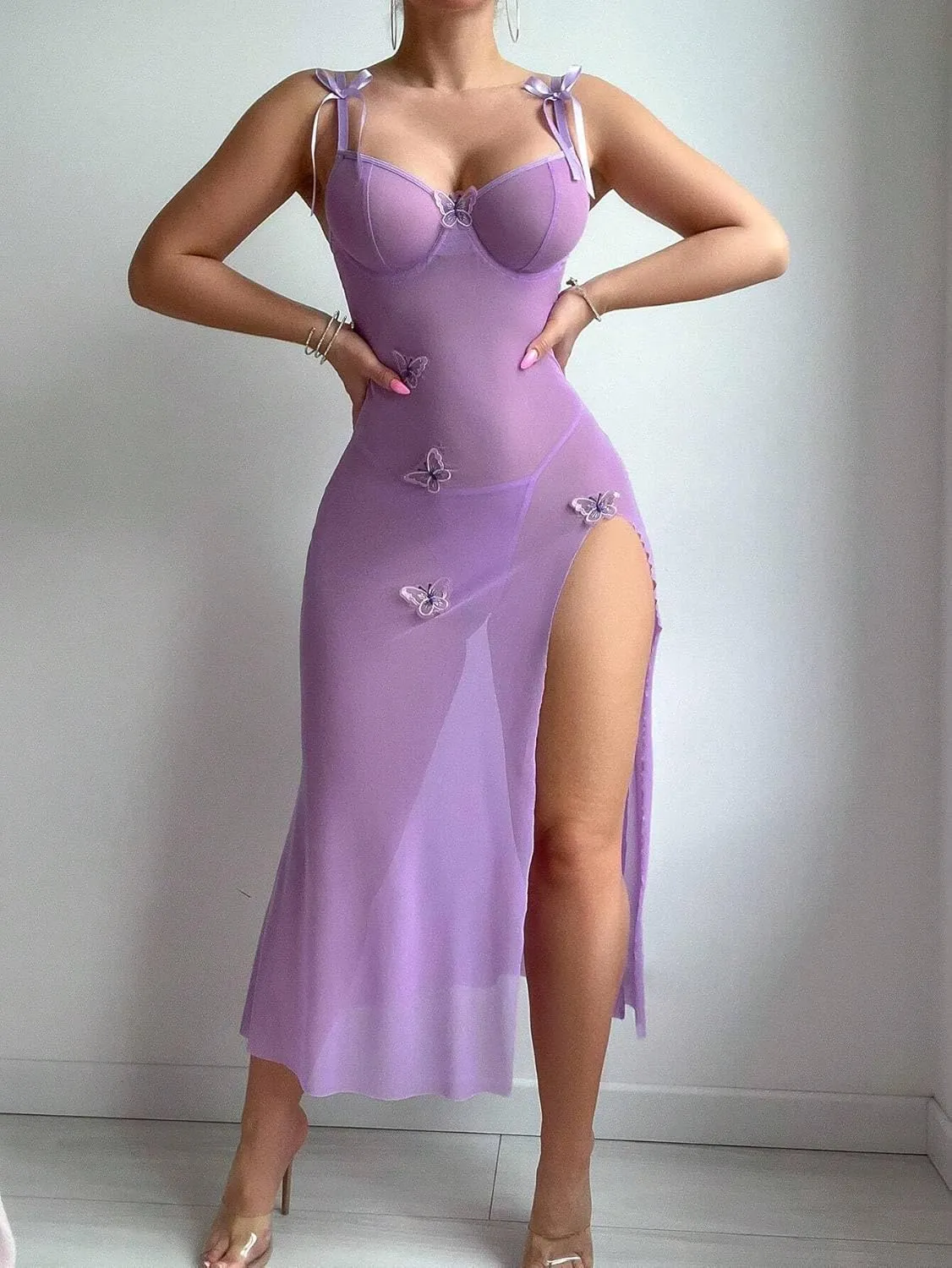 Butterfly Lingerie Dress for Women - Sheer Mesh Maxi with Underwire, High Slit & Detachable Thong 2-Piece Lingerie Set