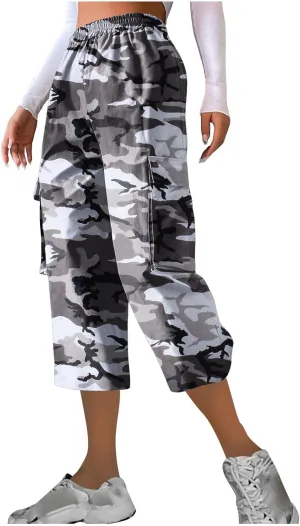 Camo Printed Pants for Womens Training Workout Running Sweatpants Casual Elastic Waist Cropped Trousers with Pockets