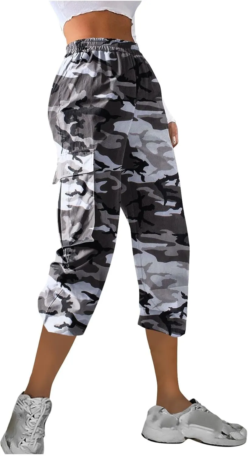 Camo Printed Pants for Womens Training Workout Running Sweatpants Casual Elastic Waist Cropped Trousers with Pockets