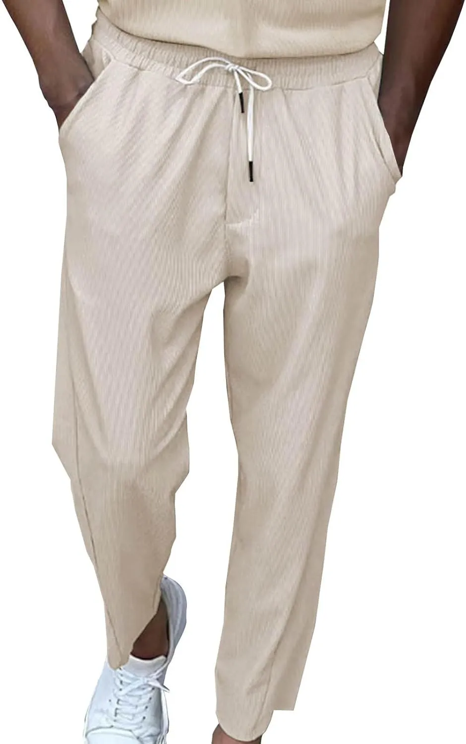 Casual Corduroy Pants for Men Summer Dress Lightweight Cropped Pant Elastic Waist Tapared Yoga Trousers with Pockets