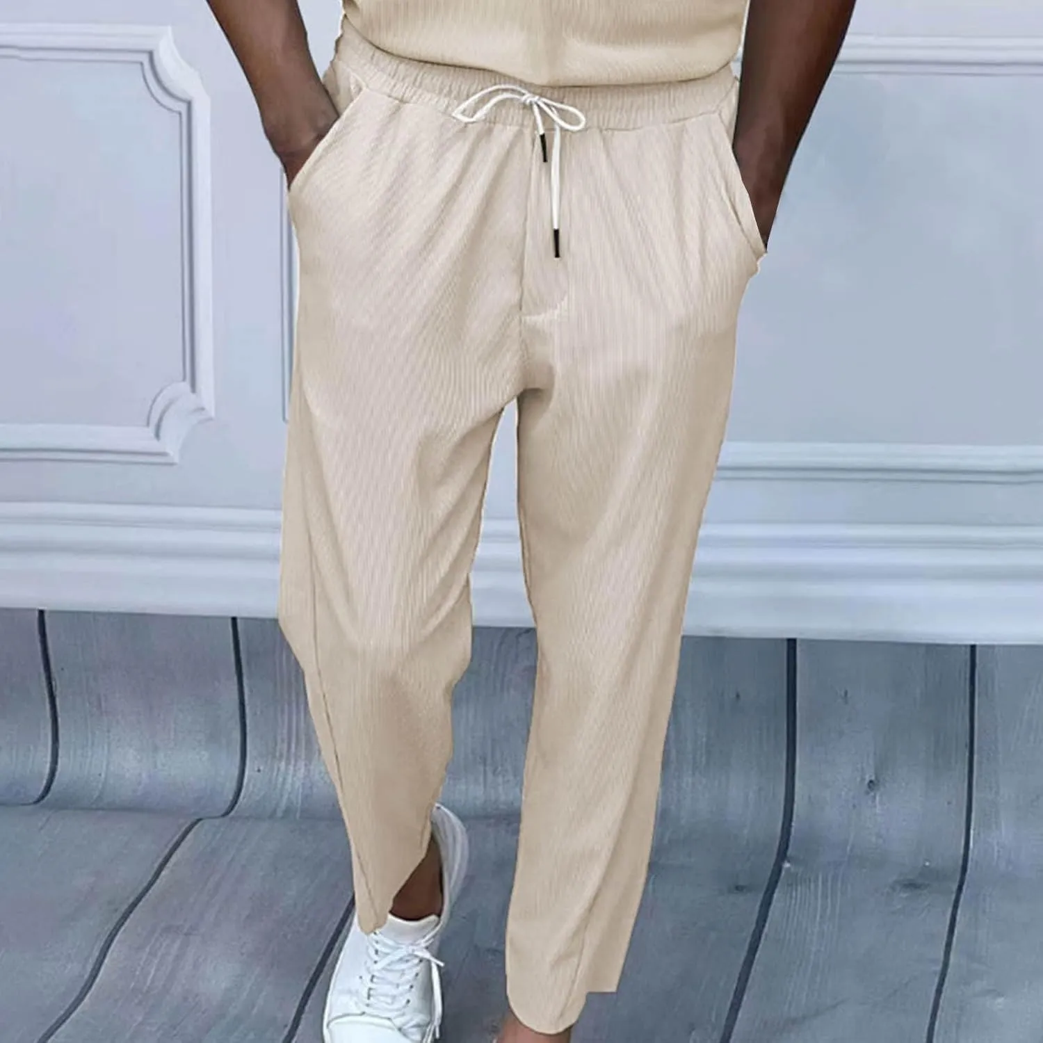 Casual Corduroy Pants for Men Summer Dress Lightweight Cropped Pant Elastic Waist Tapared Yoga Trousers with Pockets