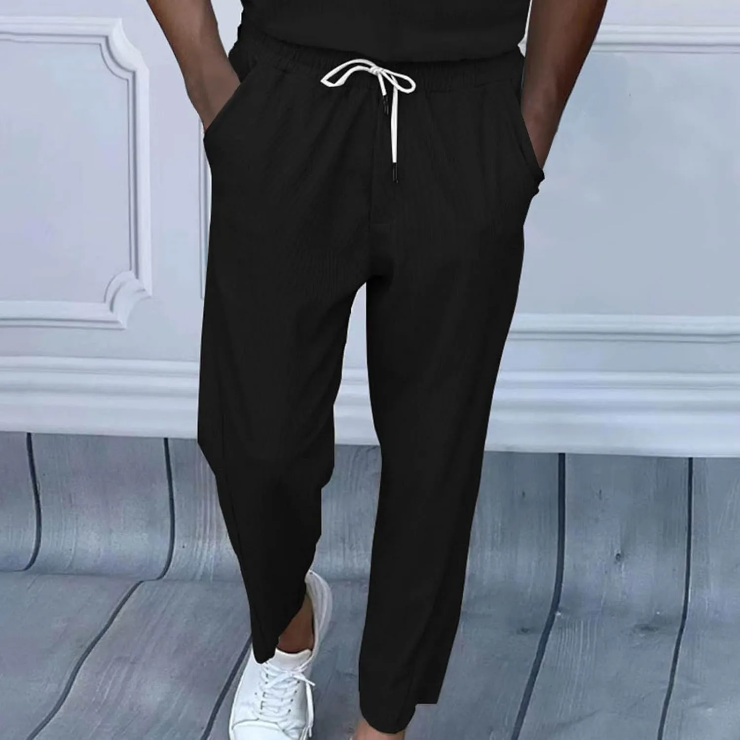Casual Corduroy Pants for Men Summer Dress Lightweight Cropped Pant Elastic Waist Tapared Yoga Trousers with Pockets