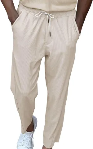Casual Corduroy Pants for Men Summer Dress Lightweight Cropped Pant Elastic Waist Tapared Yoga Trousers with Pockets