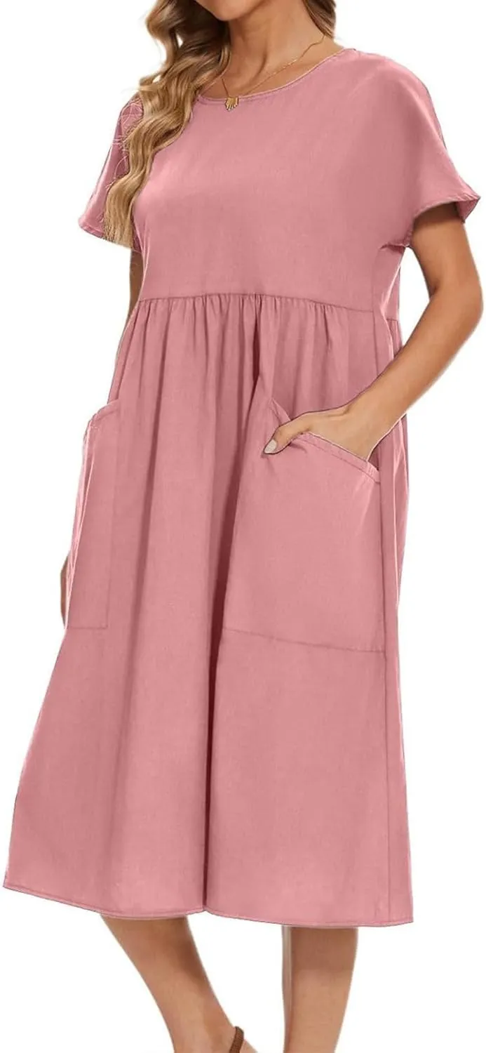 Casual Summer Dresses for Women Cotton Linen T Shirt Dress Short Sleeve Midi Beach Sundress Loose Comfy with Pockets