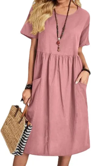Casual Summer Dresses for Women Cotton Linen T Shirt Dress Short Sleeve Midi Beach Sundress Loose Comfy with Pockets