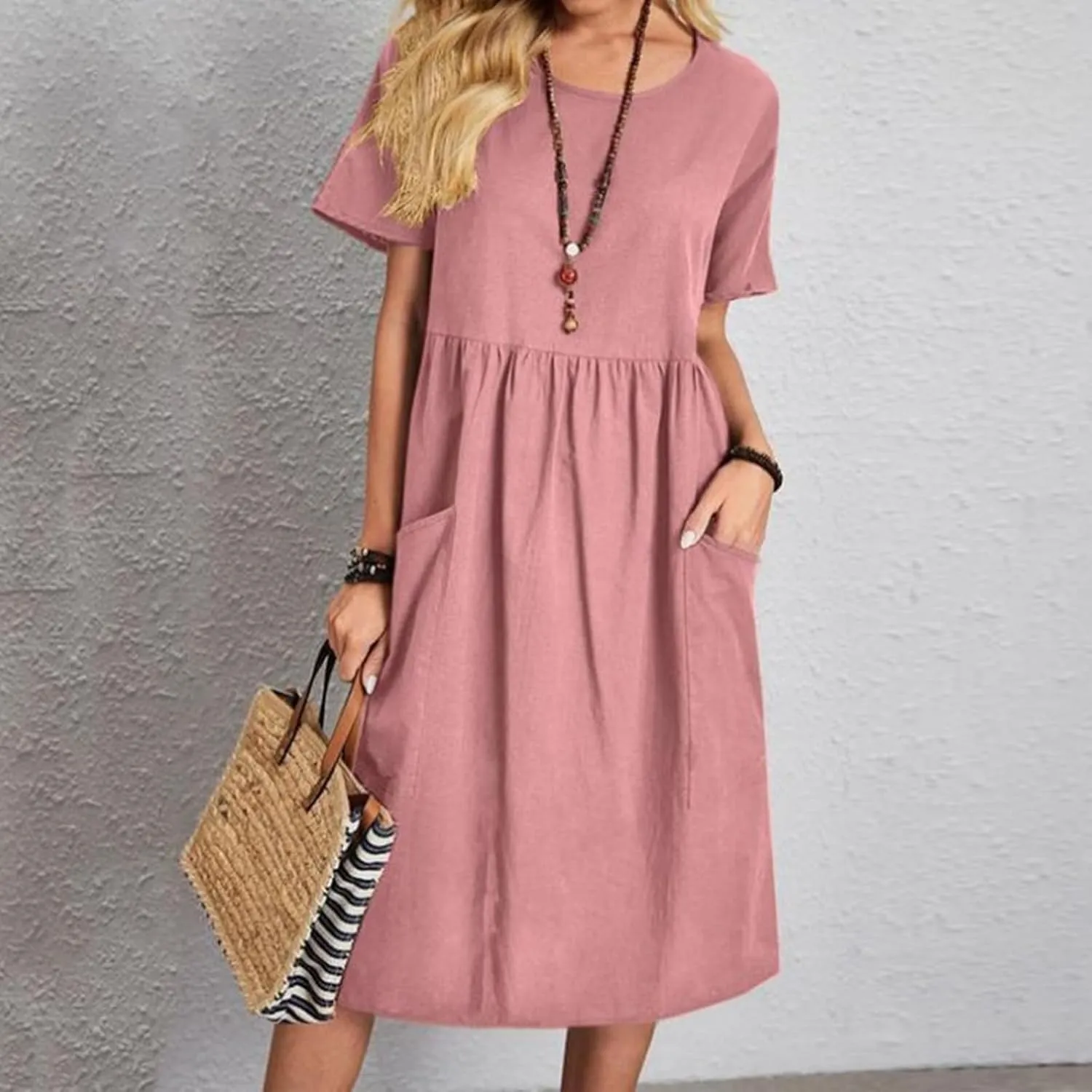 Casual Summer Dresses for Women Cotton Linen T Shirt Dress Short Sleeve Midi Beach Sundress Loose Comfy with Pockets