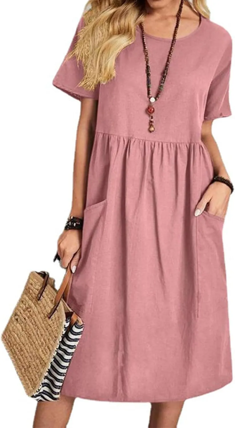 Casual Summer Dresses for Women Cotton Linen T Shirt Dress Short Sleeve Midi Beach Sundress Loose Comfy with Pockets