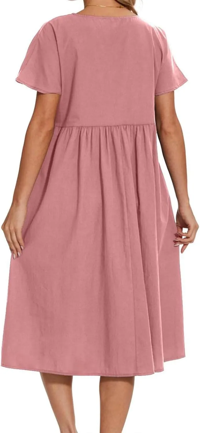 Casual Summer Dresses for Women Cotton Linen T Shirt Dress Short Sleeve Midi Beach Sundress Loose Comfy with Pockets