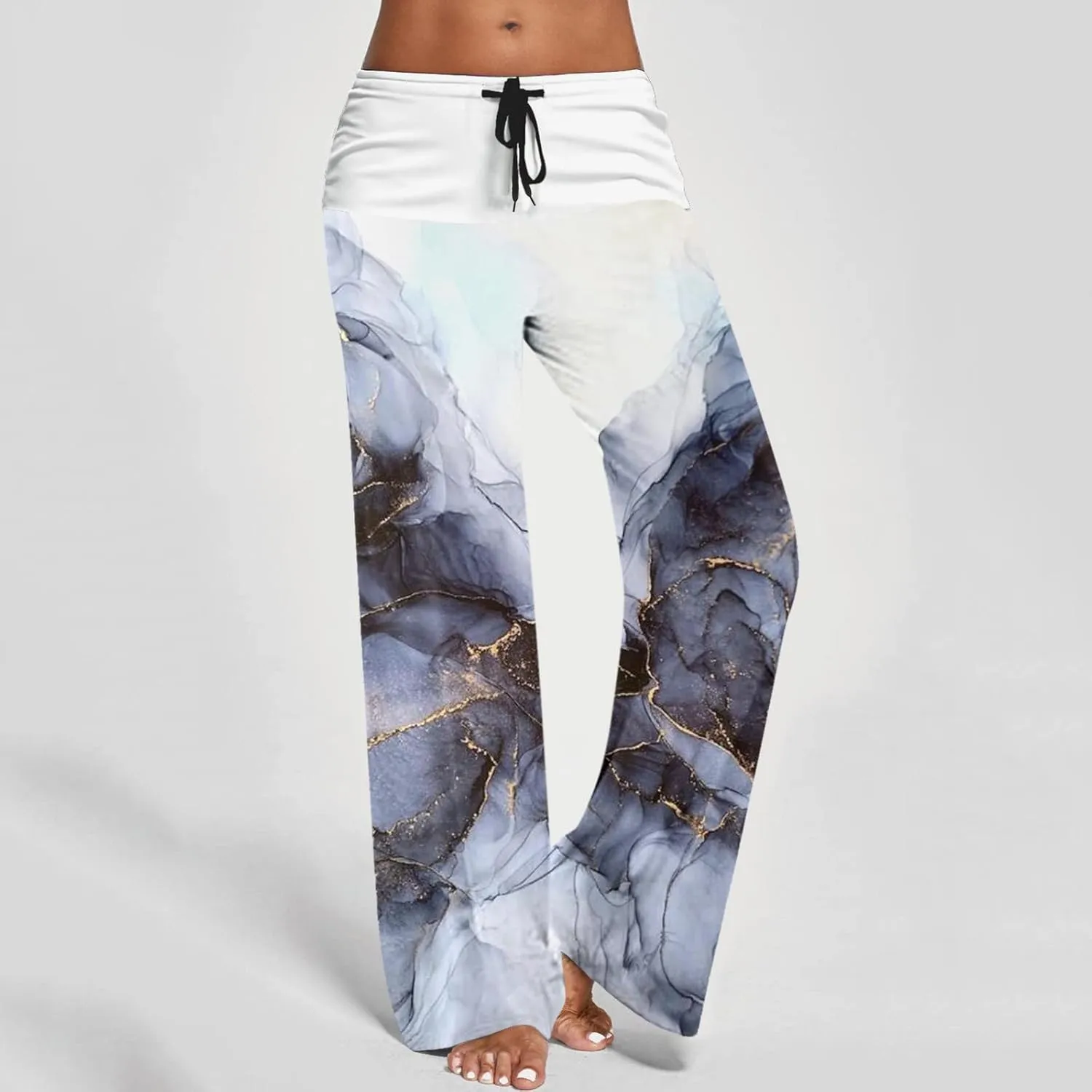 Causal Pants for Women High Waist Trousers with Pockets Flowy Smooth Drawstring Pants Dressy Blooming Flowers Print