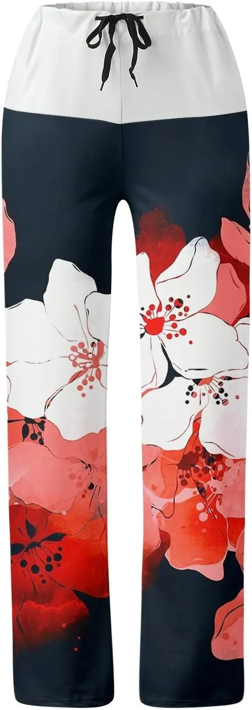 Causal Pants for Women High Waist Trousers with Pockets Flowy Smooth Drawstring Pants Dressy Blooming Flowers Print
