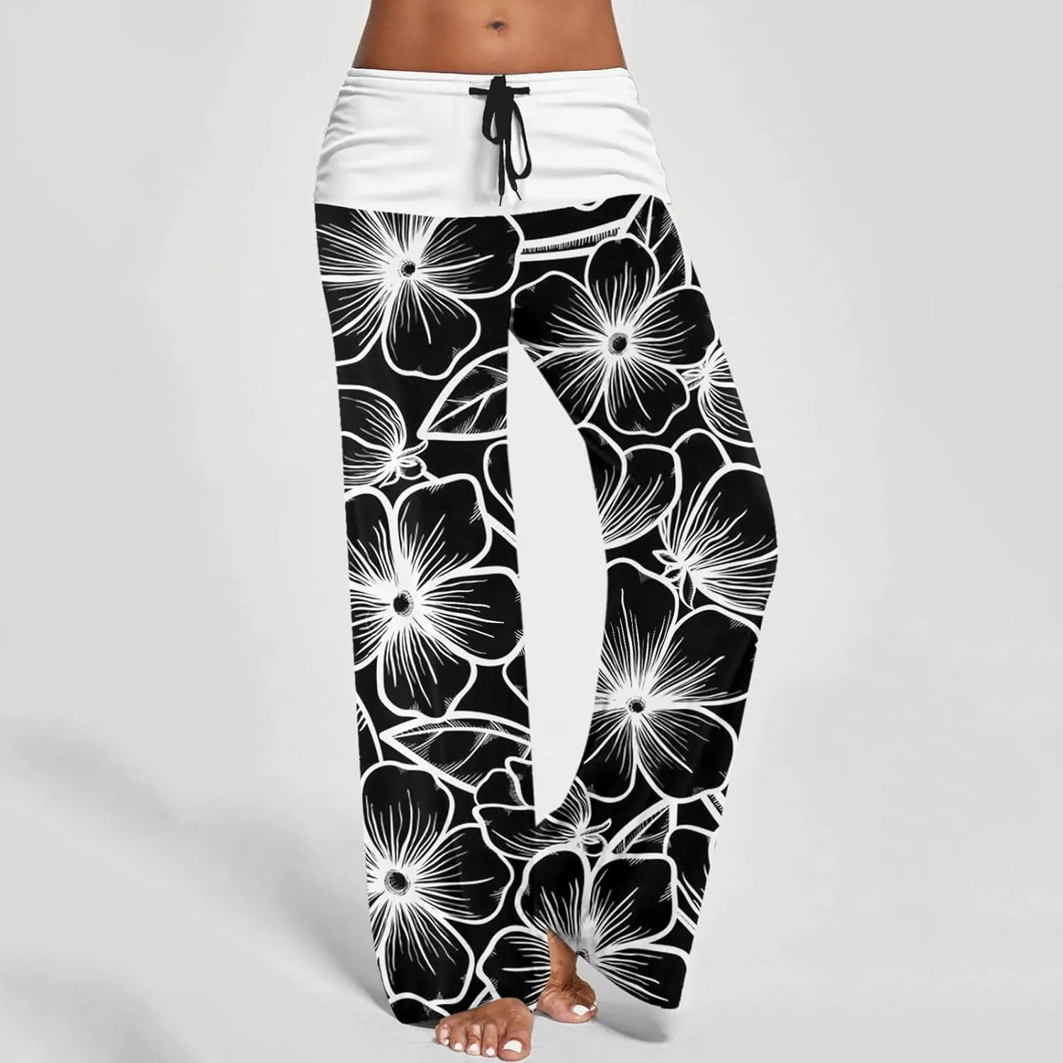 Causal Pants for Women High Waist Trousers with Pockets Flowy Smooth Drawstring Pants Dressy Blooming Flowers Print