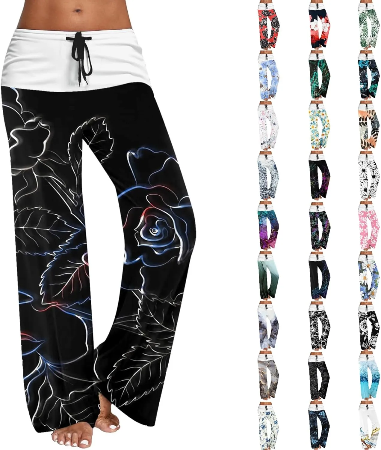 Causal Pants for Women High Waist Trousers with Pockets Flowy Smooth Drawstring Pants Dressy Blooming Flowers Print