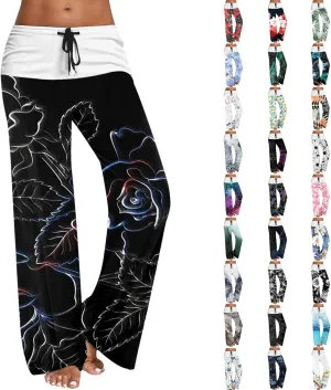 Causal Pants for Women High Waist Trousers with Pockets Flowy Smooth Drawstring Pants Dressy Blooming Flowers Print