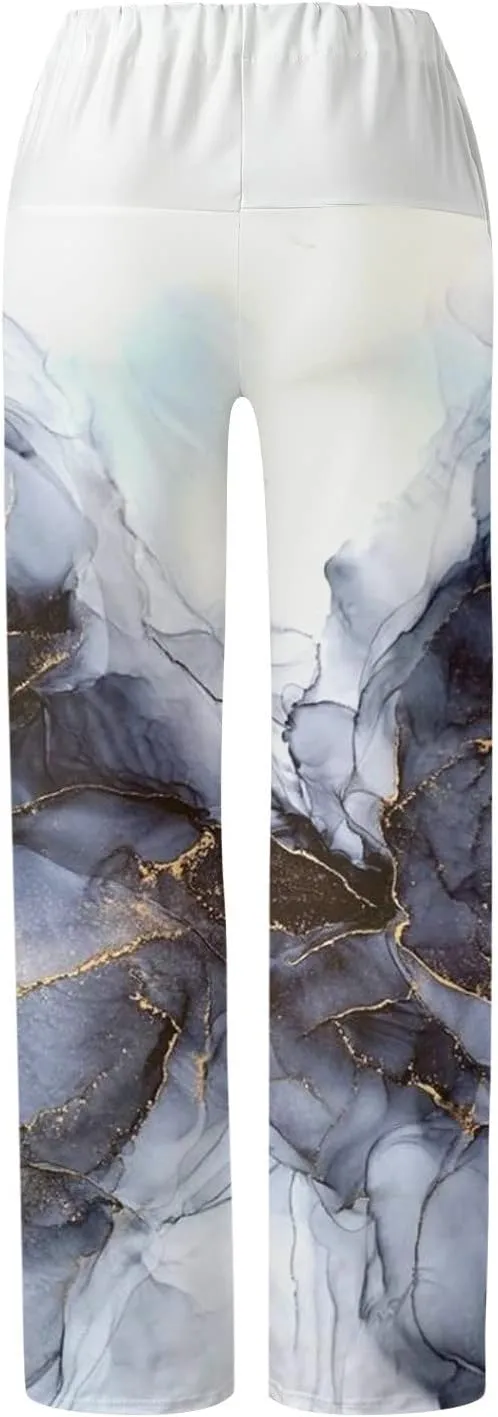 Causal Pants for Women High Waist Trousers with Pockets Flowy Smooth Drawstring Pants Dressy Blooming Flowers Print
