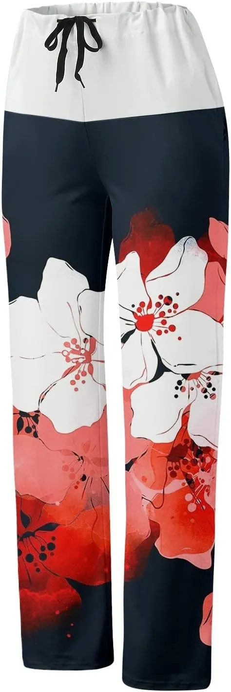 Causal Pants for Women High Waist Trousers with Pockets Flowy Smooth Drawstring Pants Dressy Blooming Flowers Print