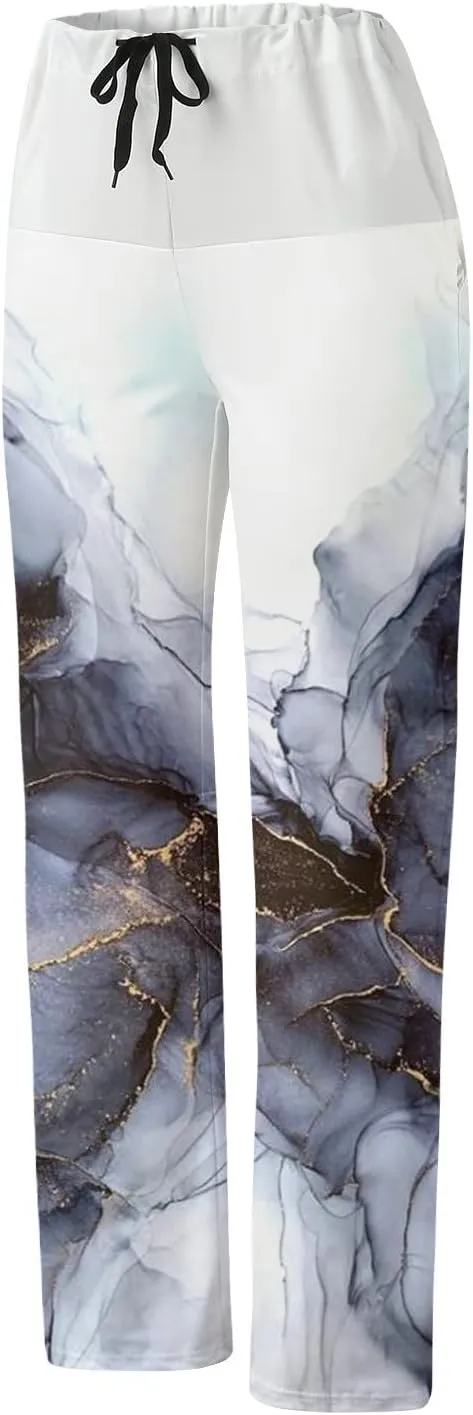 Causal Pants for Women High Waist Trousers with Pockets Flowy Smooth Drawstring Pants Dressy Blooming Flowers Print