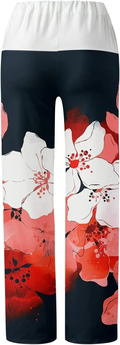 Causal Pants for Women High Waist Trousers with Pockets Flowy Smooth Drawstring Pants Dressy Blooming Flowers Print