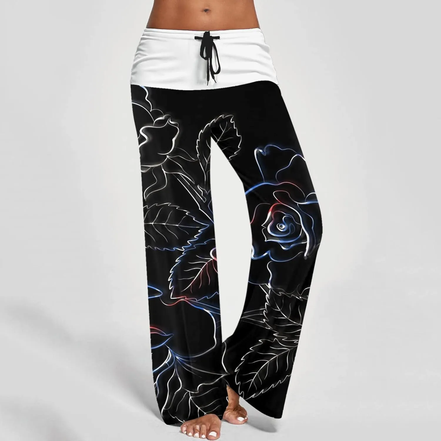 Causal Pants for Women High Waist Trousers with Pockets Flowy Smooth Drawstring Pants Dressy Blooming Flowers Print