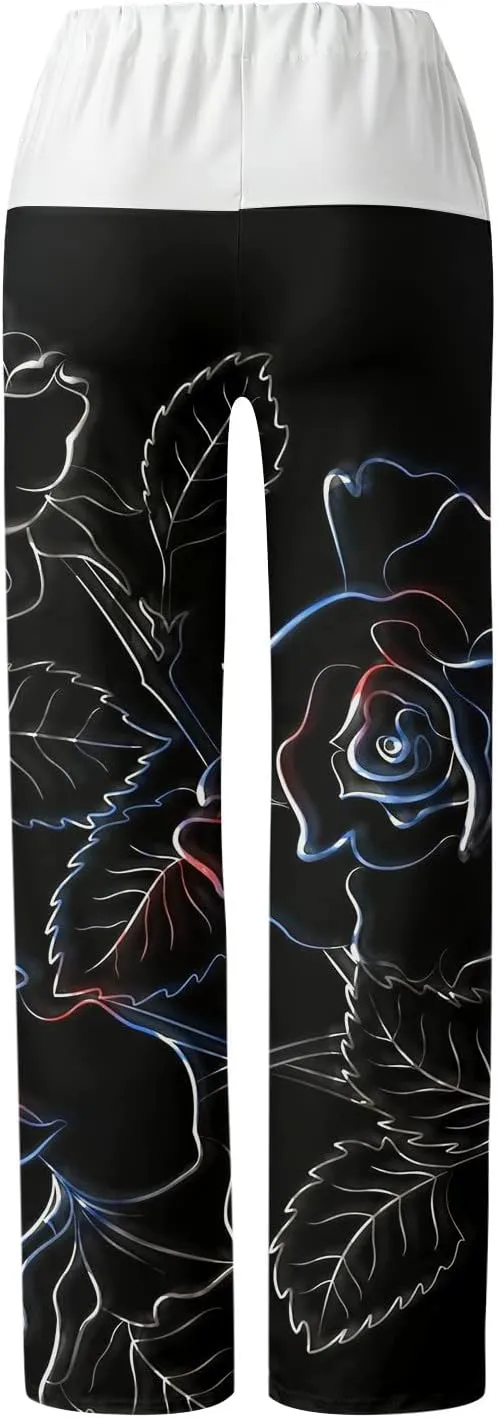 Causal Pants for Women High Waist Trousers with Pockets Flowy Smooth Drawstring Pants Dressy Blooming Flowers Print